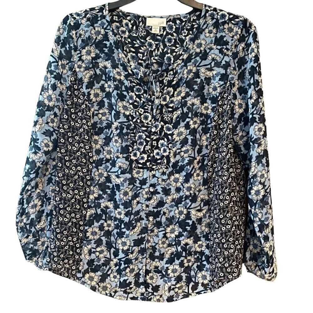 J. Jill XSP Blue Floral BOHO Light Lace-Up Blouse